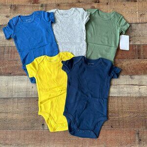 Mac & Moon Organic Cotton Baby Bodysuits 12M 5-Pack Blue/Gray/Green/Yellow/Navy